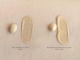 Swatches of Yes to Grapefruit CC Cream and Alba Botanica Even Advanced CC Cream