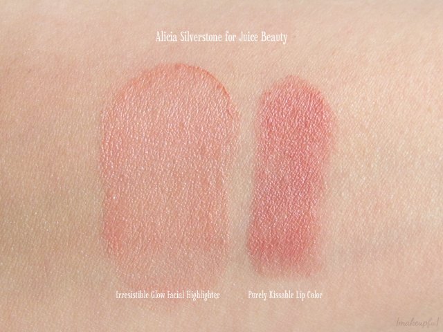 Swatches of Alicia Silverstone for Juice Beauty Irresistible Glow Facial Highlighter and Purely Kissable Lip Color