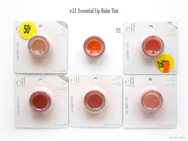 Packaging of e.l.f. Essential Lip Balm Tint in Pink Princess, Rosy Rocker, Nude, Peach, Grapefruit, and Berry.