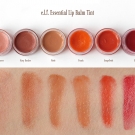 Swatches of e.l.f. Essential Lip Balm Tint in Pink Princess, Rosy Rocker, Nude, Peach, Grapefruit, and Berry.