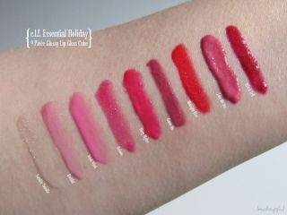 Swatches of e.l.f. Essential Holiday 9 Piece Glossy Lip Gloss Cube