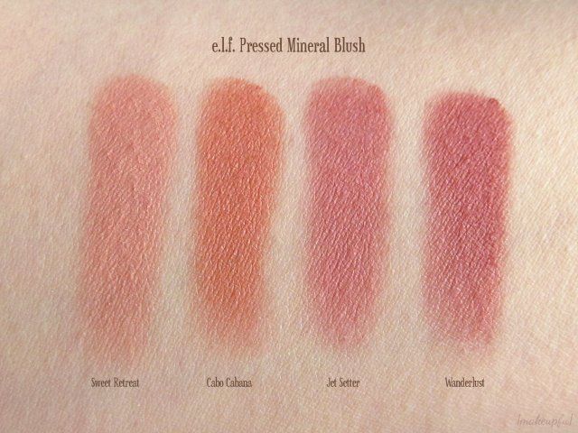 Swatches of e.l.f. Mineral Pressed Mineral Blush: Sweet Retreat, Cabo Cabana, Jet Setter, Wanderlust