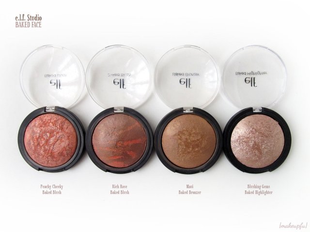 e.l.f. Studio Baked Face products: Baked Blushes in Peachy Cheeky and Rich Rose, Baked Bronzer in Maui, and Baked Highlighter in Blushing Gems
