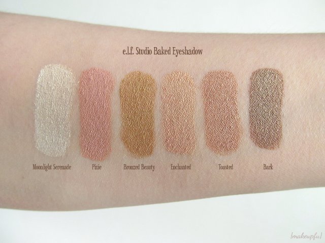 Foiled swatches of the e.l.f. Studio Baked Eyeshadow: Moonlight Serenade, Pixie, Bronzed Beauty, Enchanted, Toasted, Bark