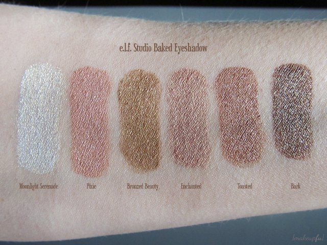 Foiled swatches of the e.l.f. Studio Baked Eyeshadow under direct sunlight: Moonlight Serenade, Pixie, Bronzed Beauty, Enchanted, Toasted, Bark