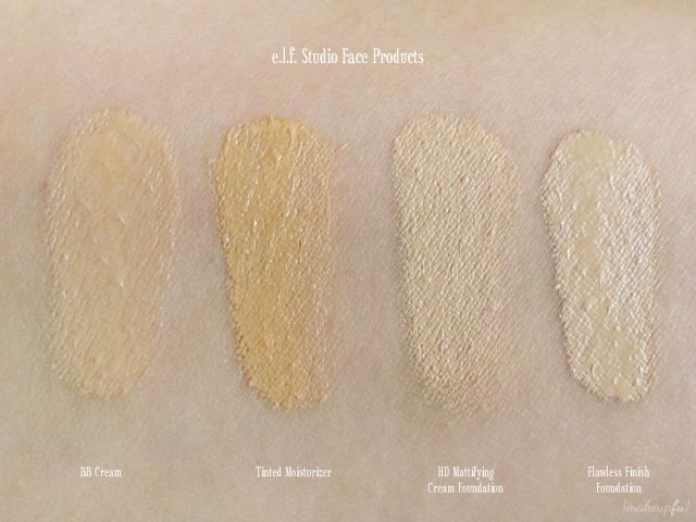 e.l.f. Studio Face Swatches: BB Cream, Tinted Moisturizer, HD Mattifying Cream Foundation, and Flawless Finish Foundation