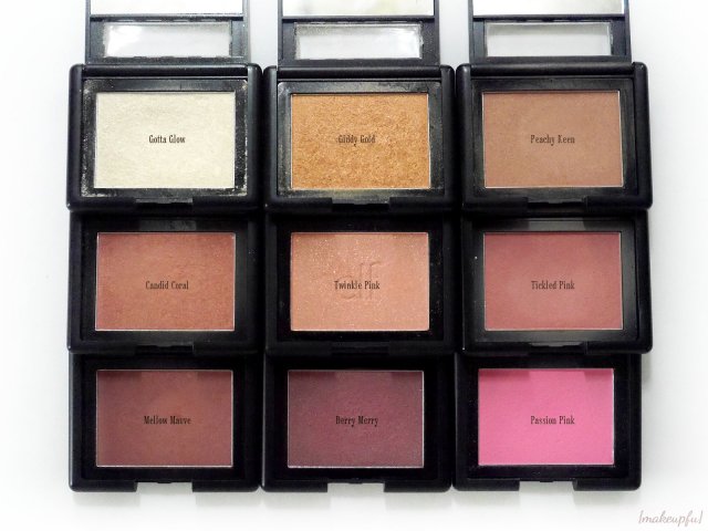 e.l.f. Studio Blush in Gotta Glow, Giddy Gold, Peachy Keen, Candid Coral, Twinkle Pink, Tickled Pink, Mellow Mauve, Berry Merry, and Pink Passion
