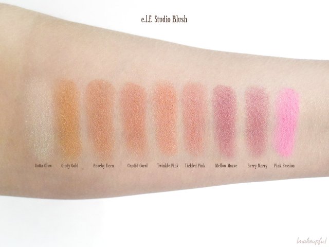 Swatches of the e.l.f. Studio Blush in Gotta Glow, Giddy Gold, Peachy Keen, Candid Coral, Twinkle Pink, Tickled Pink, Mellow Mauve, Berry Merry, and Pink Passion