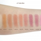 Swatches of the e.l.f. Studio Blush in Gotta Glow, Giddy Gold, Peachy Keen, Candid Coral, Twinkle Pink, Tickled Pink, Mellow Mauve, Berry Merry, and Pink Passion