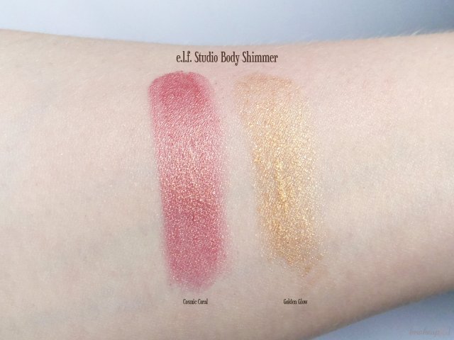 Swatches of the e.l.f. Studio Body Shimmer in Golden Glow and Cosmic Coral