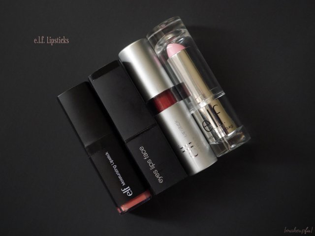 e.l.f. lipstick comparison: Studio Moisturizing Lipstick, Studio Mineral Lipstick, Essential Lipstick, and the Gotta Glow Lip Tint