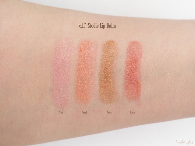 Swatches of the e.l.f. Studio Lip Balm in Pink, Peach, Nude, and Rose