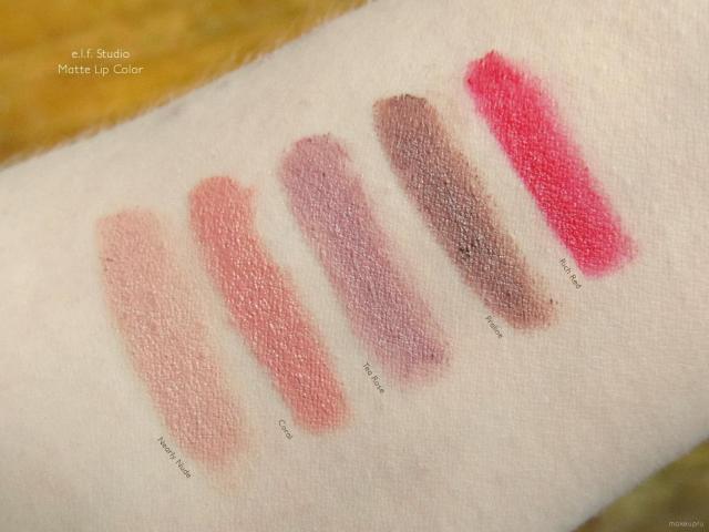 Swatches of e.l.f. Studio Matte Lip Color in Nearly Nude, Coral, Tea Rose, Praline, and Rich Red