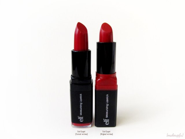 Original vs newer packaging of the e.l.f. Studio Moisturizing Lipstick in Red Carpet