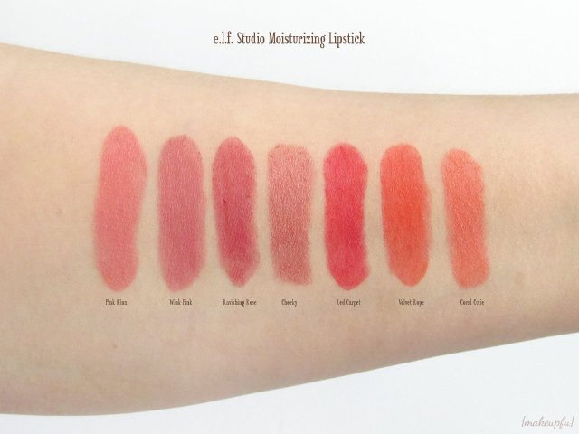 Swatches of the e.l.f. Studio Moisturizing Lipstick in Pink Minx, Wink Pink, Ravishing Rose, Cheeky, Red Carpet, Velvet Rope, and Coral Cutie