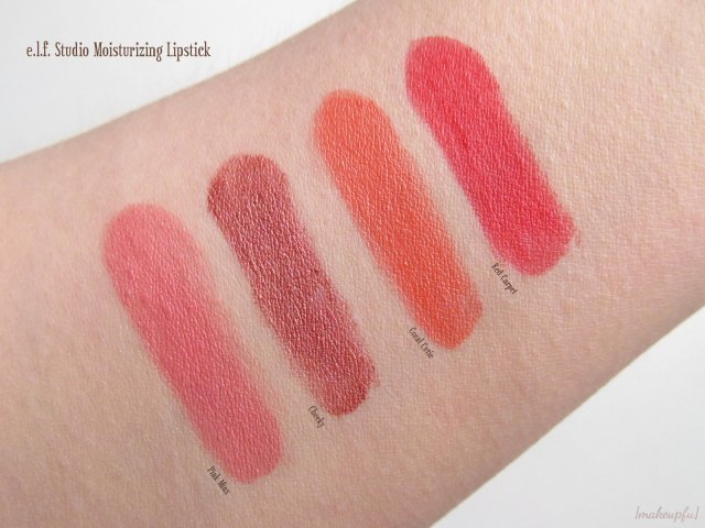 Swatches of Pink Minx, Cheeky, Coral Cutie, and Red Carpet