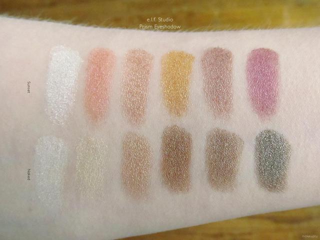 Swatches of the e.l.f. Studio Prism Eyeshadow in Sunset and Naked