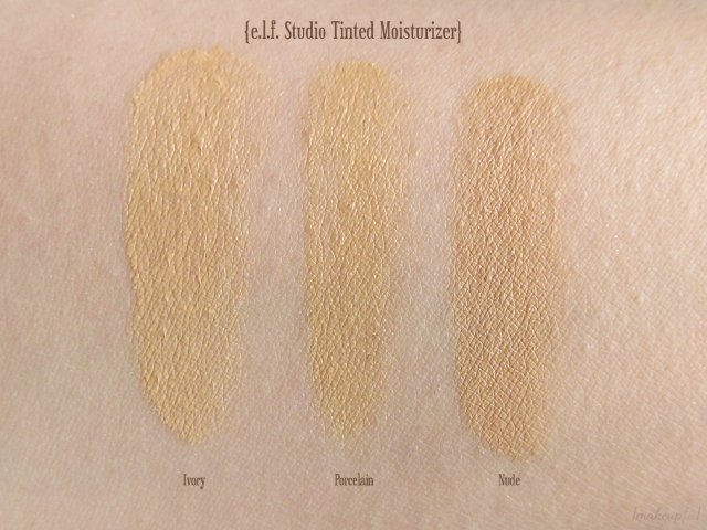 Swatches of e.l.f. Studio Tinted Moisturizer in Ivory, Porcelain, and Nude