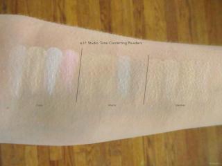 Swatches of e.l.f. Studio Tone Correcting Powders in Cool, Warm and Shimmer