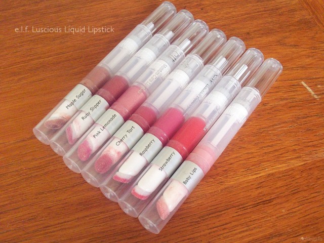 e.l.f. Luscious Lipstick: Baby Lips, Cherry Tart, Maple Sugar, Cherry Tart, Maple Sugar, Pink Lemonade, Raspberry, Ruby Slipper, Strawberry