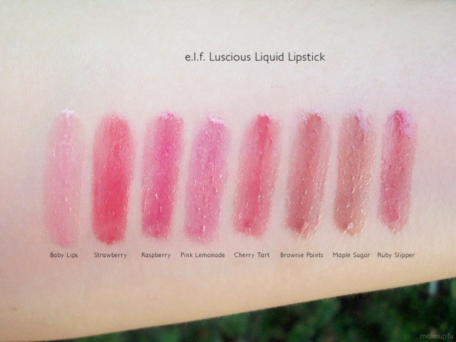 e.l.f. Luscious Lipstick Swatches: Baby Lips, Strawberry, Raspberry, Pink Lemonade, Cherry Tart, Brownie Points, Maple Sugar, and Ruby Slippers