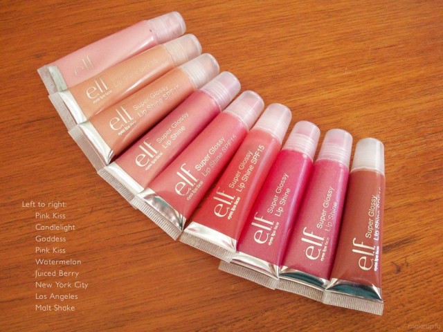 e.l.f. Super Glossy Lip Shine: Pink Kiss, Candlelight, Goddess, Pink Lemonade, Watermelon, New York City, Los Angeles, Malt Shake