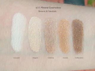 e.l.f. Mineral Eyeshadow Swatches: Innocent, Elegant, Celebrity, Golden, and Caffeinated