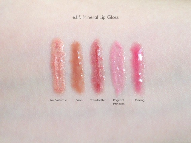 e.l.f. Mineral Lip Gloss Swatches: Au Naturale, Bare, Trendsetter, Pageant Princess, Daring