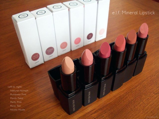 e.l.f. Mineral Lipstick: Natural Nymph, Runaway Pink, Pouty Petal, Party Pink, Rosy Tan, Nicely Nude