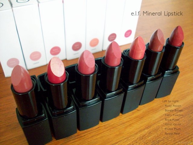 e.l.f. Mineral Lipstick: Rosy Raisin, Barely Bitten, Fiery Fuchsia, Ripe Rose, Cool Coral, Prime Plum, Royal Red