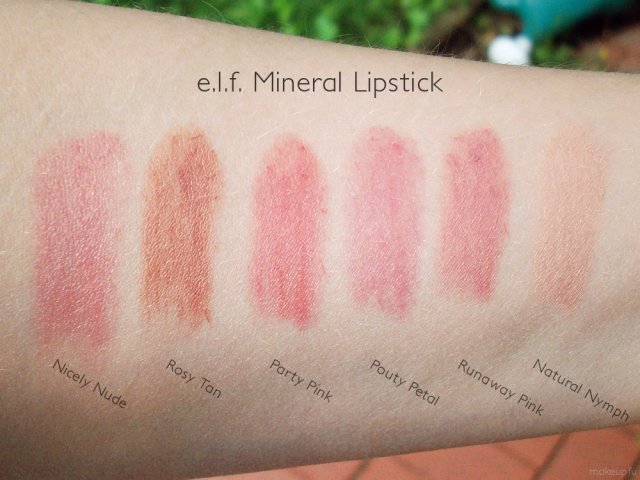 e.l.f. Mineral Lipstick Swatches: Nicely Nude, Rosy Tan, Party Pink, Pouty Petal, Runaway Pink, Natural Nymph