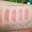 e.l.f. Mineral Lipstick Swatches: Nicely Nude, Rosy Tan, Party Pink, Pouty Petal, Runaway Pink, Natural Nymph