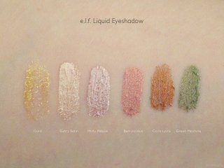 e.l.f. Essential Liquid Eyeshadow Swatches: Gold, Sultry Satin, Misty Mauve, Berrylicious, Coco Loco and Green Machine