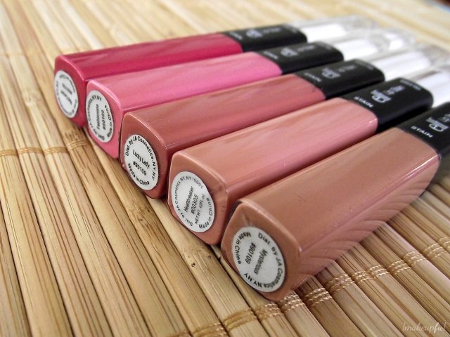 e.l.f. Studio Lip Stain in Red Carpet, Fashionista, Lucky Lady, Heartbreaker, and Mysterious