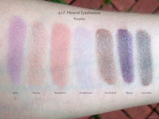 e.l.f. Mineral Eyeshadow Swatches: Girly, Trendy, Temptress, Mysterious, Confident, Royal, and Socialite