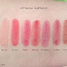 e.l.f. Luscious Lipstick Swatches: Baby Lips, Cherry Tart, Maple Sugar, Cherry Tart, Maple Sugar, Pink Lemonade, Raspberry, Ruby Slipper, Strawberry