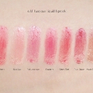 e.l.f. Luscious Lipstick Swatches: Strawberry, Baby Lips, Pink Lemonade, Raspberry, Cherry Tart, Ruby Slipper, and Maple Sugar
