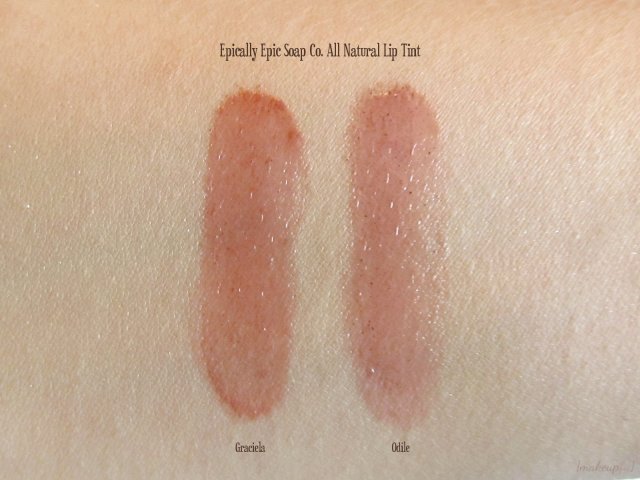 Swatches of the Epically Epic Soap Co. All Natural Lip Tints in Graciela and Odile