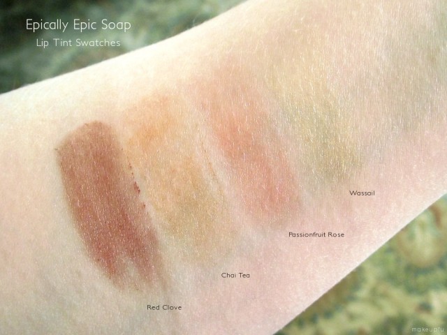 Epically Epic Soap Lip Tint Swatches: Red Clove, Chai Tea, Passionfruit Rose, Wassail