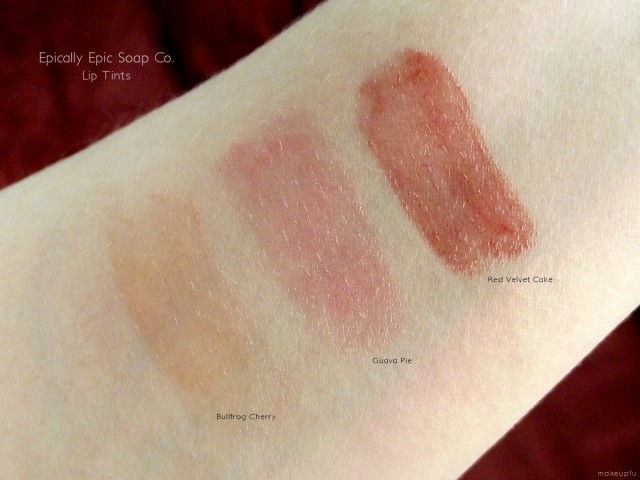 Epically Epic Soap Co. Lip Trio swatches in Guava Pie, Red Velvet Cake and Bullfrog Cherry