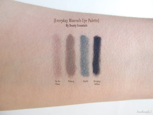 Swatches of the Everyday Minerals Eye Palette in My Beauty Essentials. From left to right: On the Phone (s), Nutmeg (m), Starlit (s), and Weeping Willow (m/p)