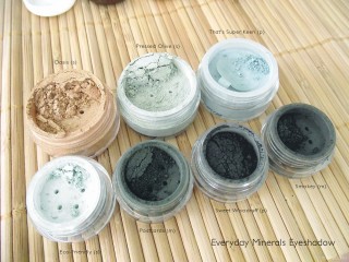 Everyday Minerals Gold, Green & Grey Eyeshadows: Oasis, That's Super Keen, Eco-Friendly, Pressed Olive, Postcards, Sweet Woodruff, and Smokey