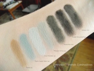 Everyday Minerals Swatches in Gold, Green & Grey Eyeshadows: Oasis, That's Super Keen, Eco-Friendly, Pressed Olive, Postcards, Sweet Woodruff, and Smokey