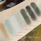 Everyday Minerals Swatches in Gold, Green & Grey Eyeshadows: Oasis, That's Super Keen, Eco-Friendly, Pressed Olive, Postcards, Sweet Woodruff, and Smokey