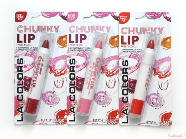 Hanging packaging for the Dollar Tree version of the L.A. Colors Chunky Lip Pencils. Shades are Daring Red, Pretty Pink and Coral Fun.