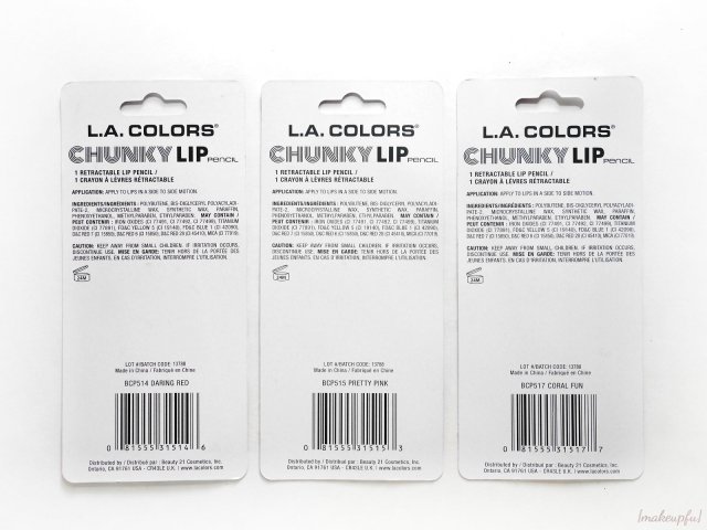 Hanging packaging for the Dollar Tree version of the L.A. Colors Chunky Lip Pencils. Shades are Daring Red, Pretty Pink and Coral Fun.