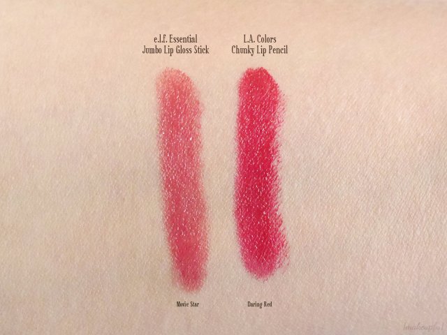 Swatch comparison of the e.l.f. Essential Jumbo Lip Gloss Stick in Movie Star and L.A. Colors Chunky Lip Pencil in Deep Red