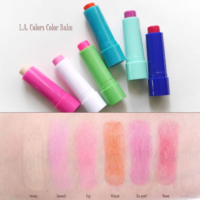 Swatches of the L.A. Colors Color Balms: Swoon, Smooch, Zap, Wham!, Ka-pow!, and Boom.