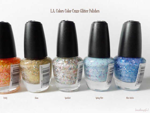 L.A. Colors Color Craze Glitter Polish in Fruity, Glam, Speckled, Spring Flirt, and Blue Icicles