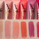 Tube versus swatches of the L.A. Girl Glazed Lip Paints in Whisper, Elude, Peony, Tango, Blushing, and Pin-Up